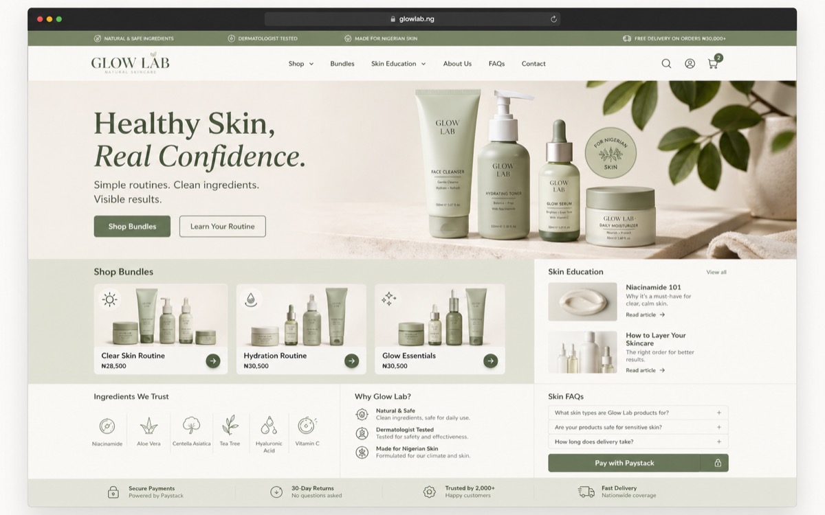 Premium desktop ecommerce website mockup for Glow Lab