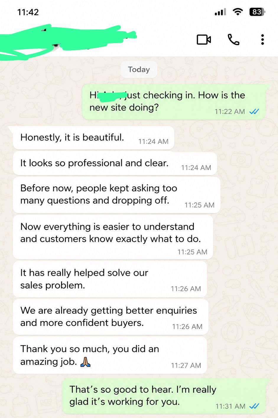 Anonymised WhatsApp testimonial about better enquiries and more confident buyers